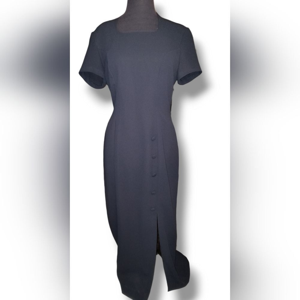 Vintage 90s Marianna Maxi Side Split Short Sleeve Zip Navy Sheath Dress Sz 8